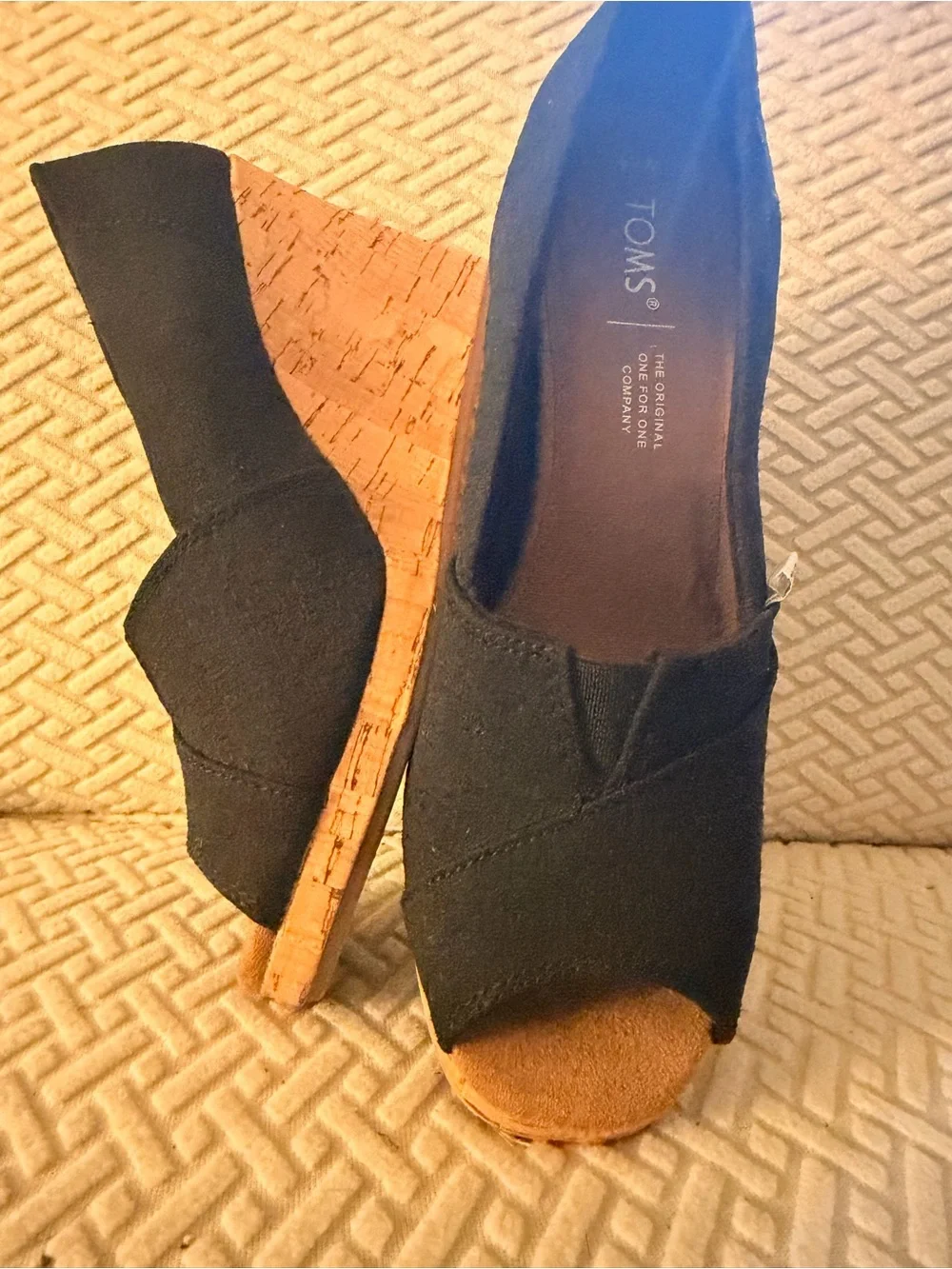TOMS Black Canvas Cork Peep-Toe Wedge Sandals